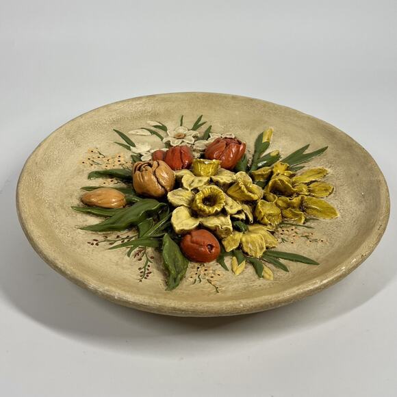 Vintage BOSSONS Style Handpainted Spring Flowers Chalkware Wall Plaque Decor 14” - Picture 2 of 9